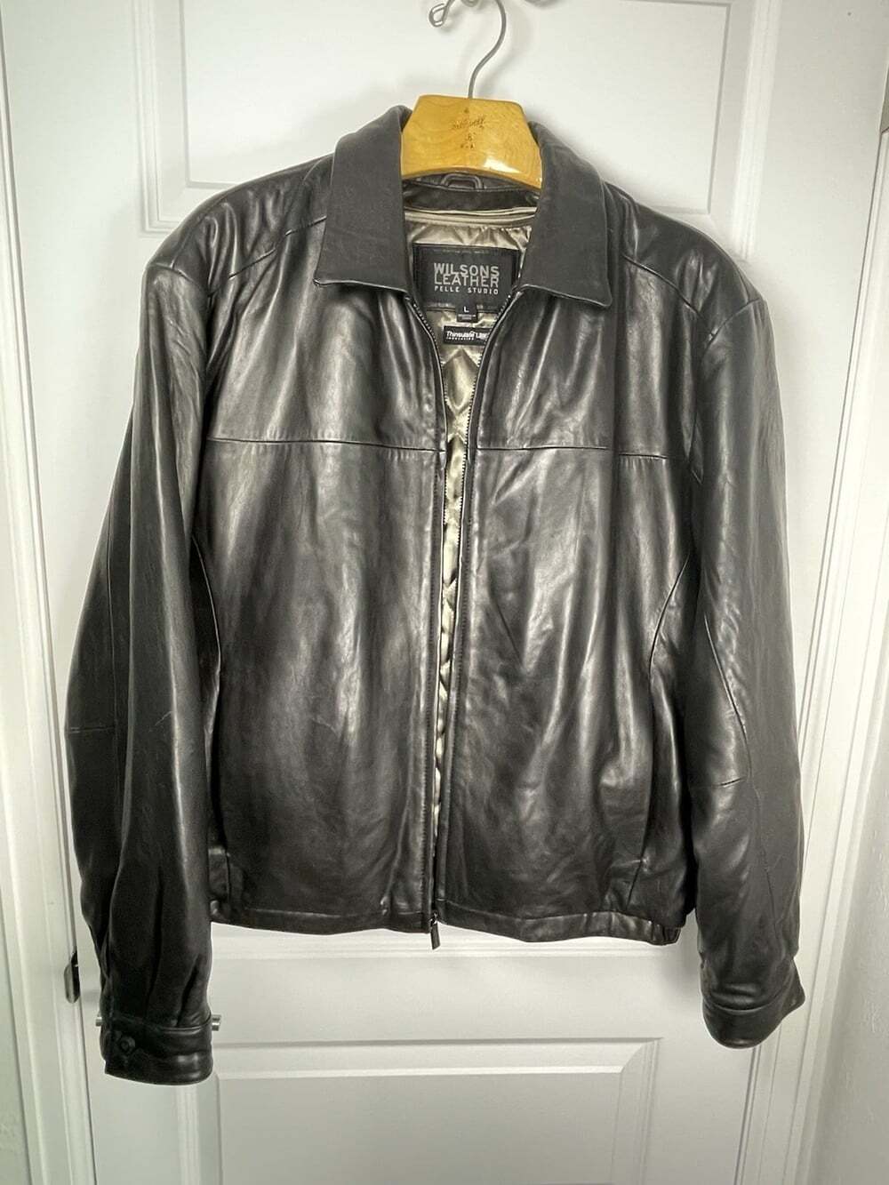Vintage 90s Wilsons Leather Pelle Studio Jacket Mens L Black 3MThinsulate Bomber